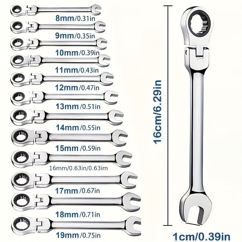 10mm ratchet wrench with adjustable torque and movable head made of durable chrome vanadium steel with ergonomic grip for vehicle maintenance.