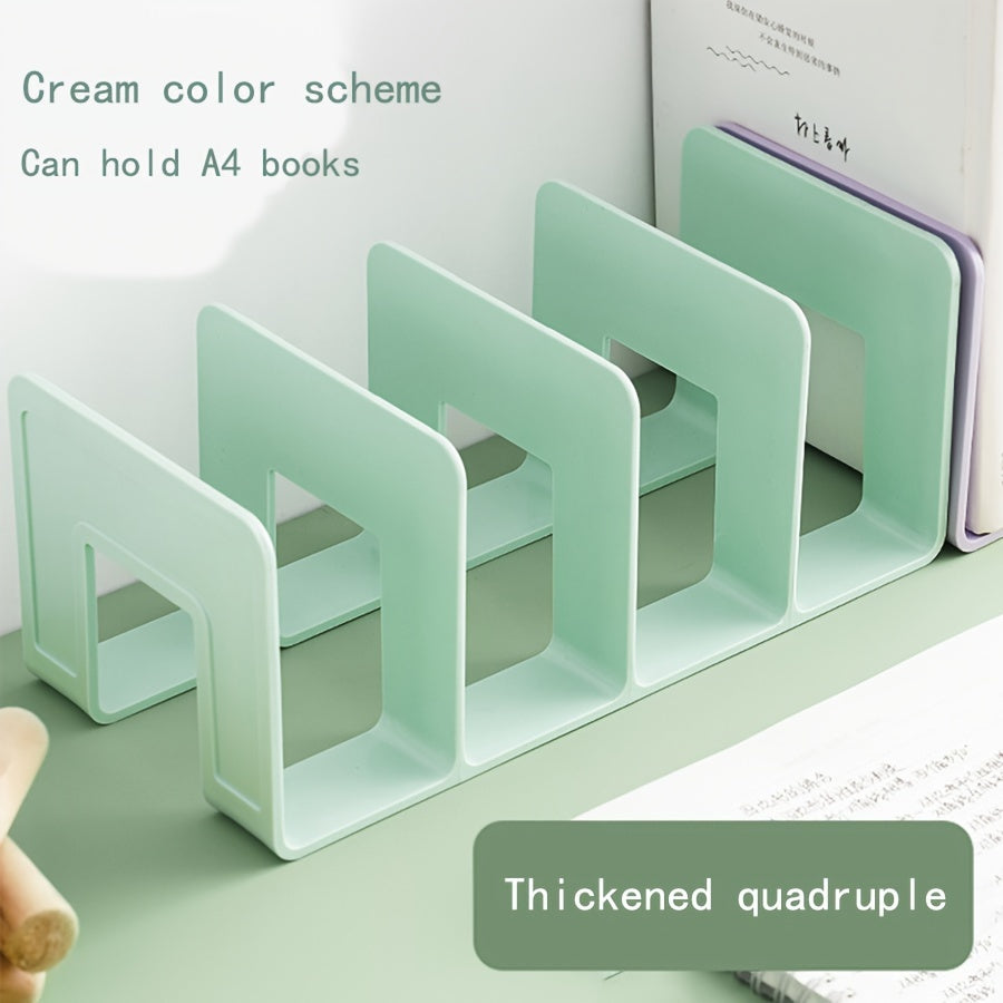 Versatile plastic book organizer for desk or office space-saving storage.