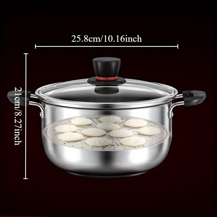 This multi-functional cooking pot is made of durable stainless steel and can be used for various cooking tasks such as making soup, steaming seafood, cooking noodles, and boiling milk. It is suitable for use on induction cookers and gas stoves, making it