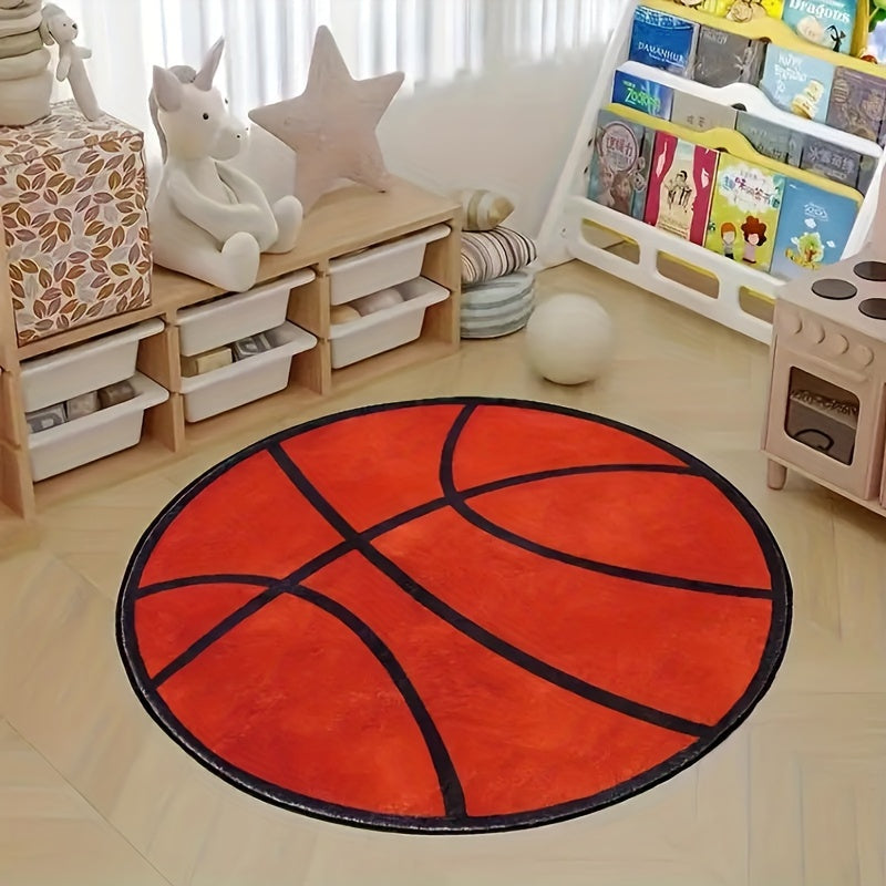 Thick Basketball-Inspired Round Area Rug - Soft Polyester Material, Easy to Clean - Perfect for Bedroom, Living Room, or Playroom Decor - Provides Comfort and Style, Bedroom Rug Option