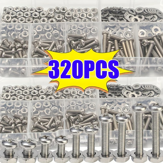 320 piece SS304 stainless steel hex nut and bolt assortment kit, durable metric sizes M2-M5, ideal for DIY projects and repairs.