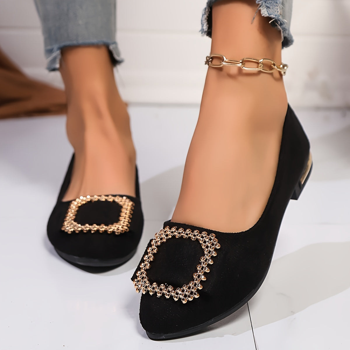 Elegant slip-on flats for women with Korean style design, pointed toe, sparkling buckle detail, lightweight fabric upper, and rubber sole. Perfect for students and style enthusiasts in