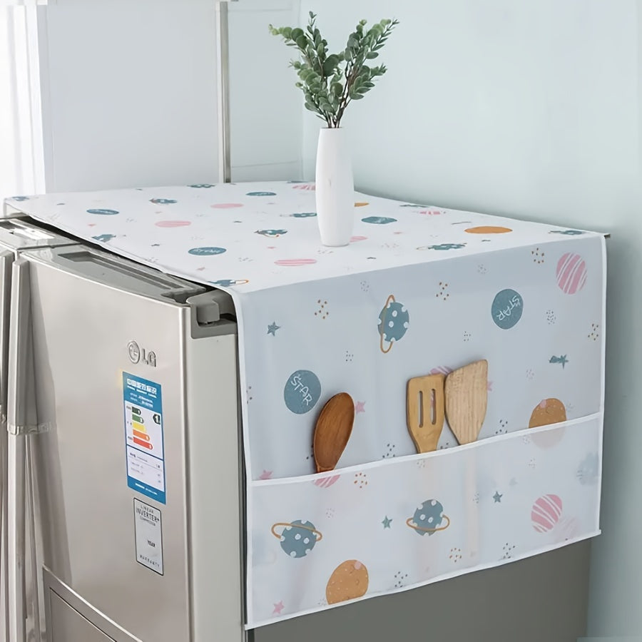 Waterproof and dustproof dust cover for kitchen appliances with storage pockets. Protect your single or double door refrigerators and washing machines with this non-food safe plastic protector. Keep your appliances organized with this multi-functional