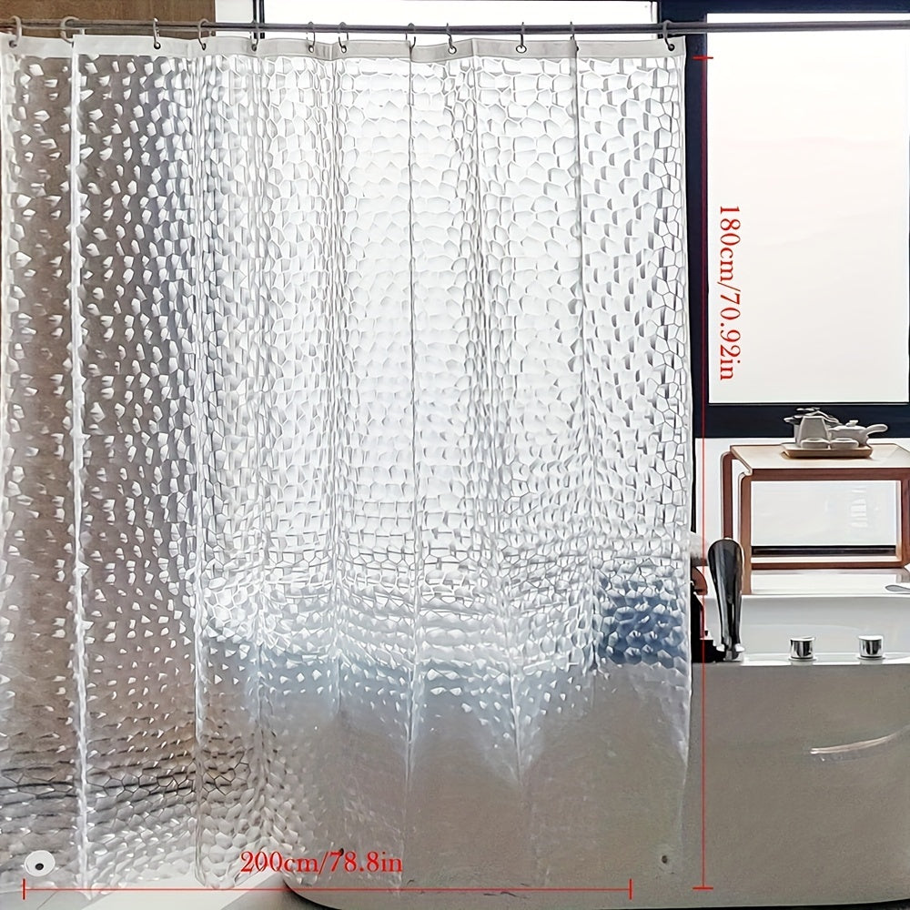 Waterproof 3D pebble pattern shower curtain without hooks for bathroom decoration.