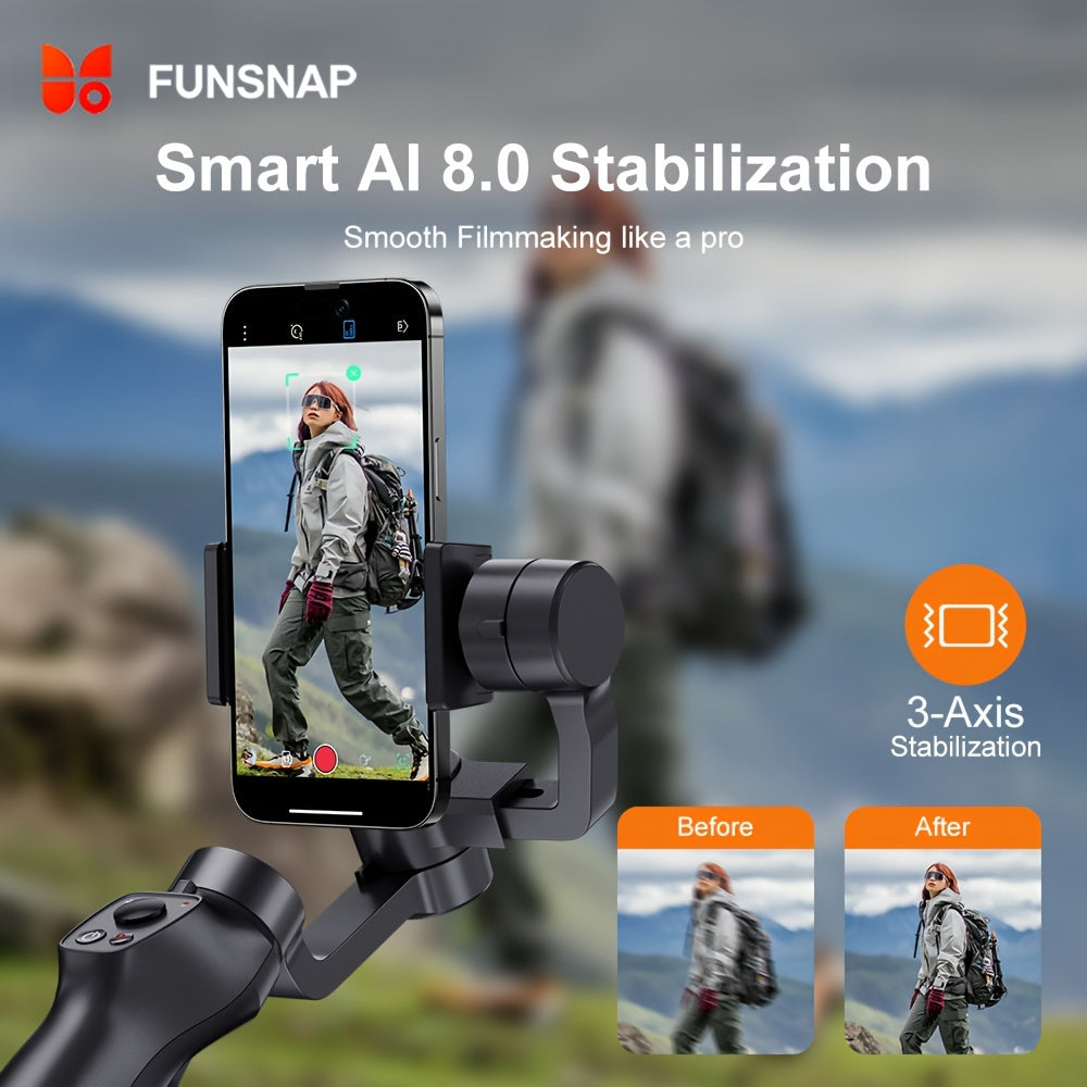 Funsnap Capture 2S Pro Gimbal Stabilizer for smartphones offers auto-tracking, USB rechargeable, and wireless charging for both iPhone and Android devices.