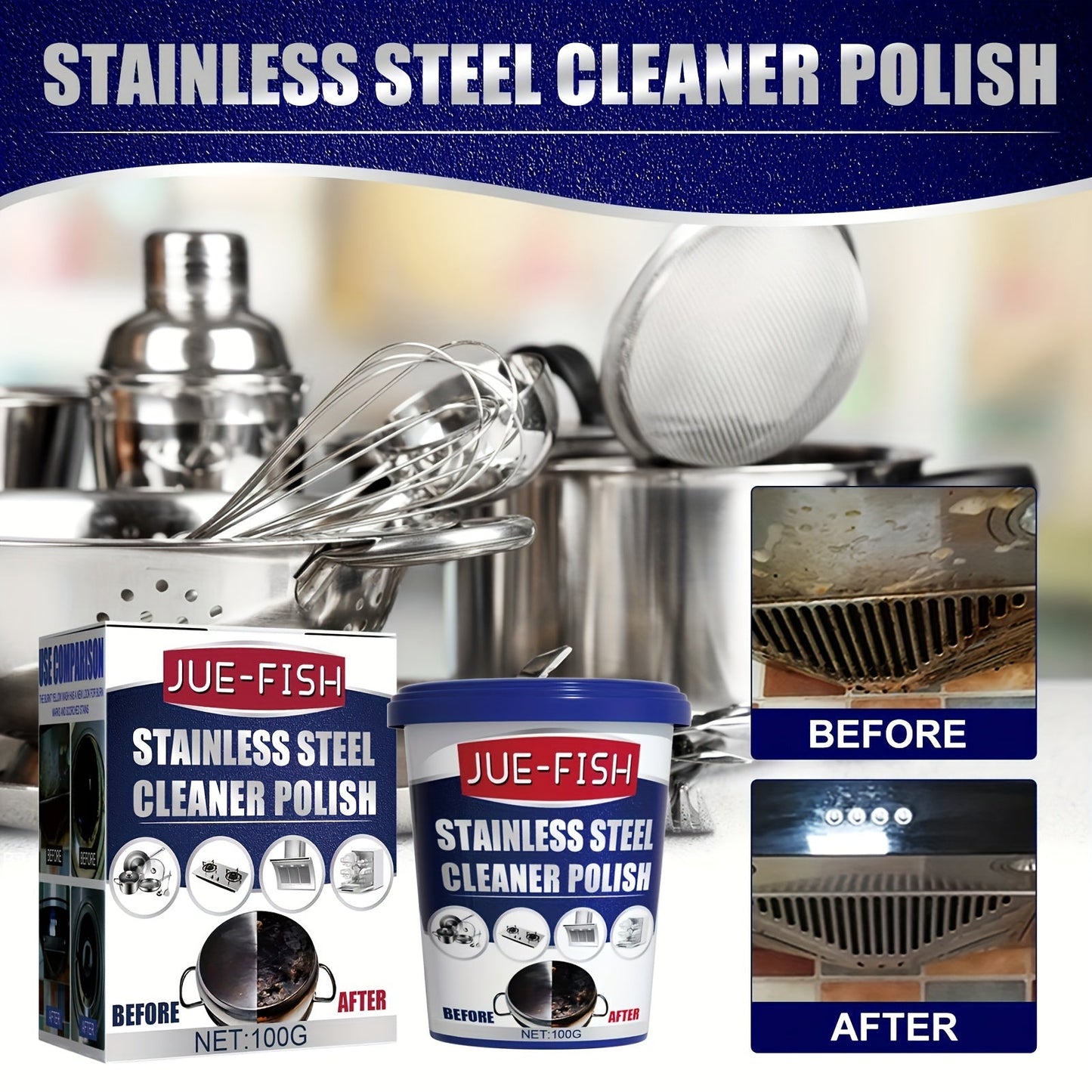 Try our JUE-FISH Stainless Steel Cleaner Polish in a 100g size. This Metal Surface Restorer is perfect for pots and pans, leaving a residue-free shine. Our Kitchen Degreaser contains Citral and is safe to use on food contact surfaces.