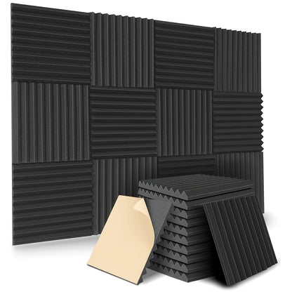 12 packs of black self-adhesive acoustic foam panels, high-density 25kg/m3, 1'' X 12'' X 12'', fire resistant, for sound proofing in KTV, bar, studio.