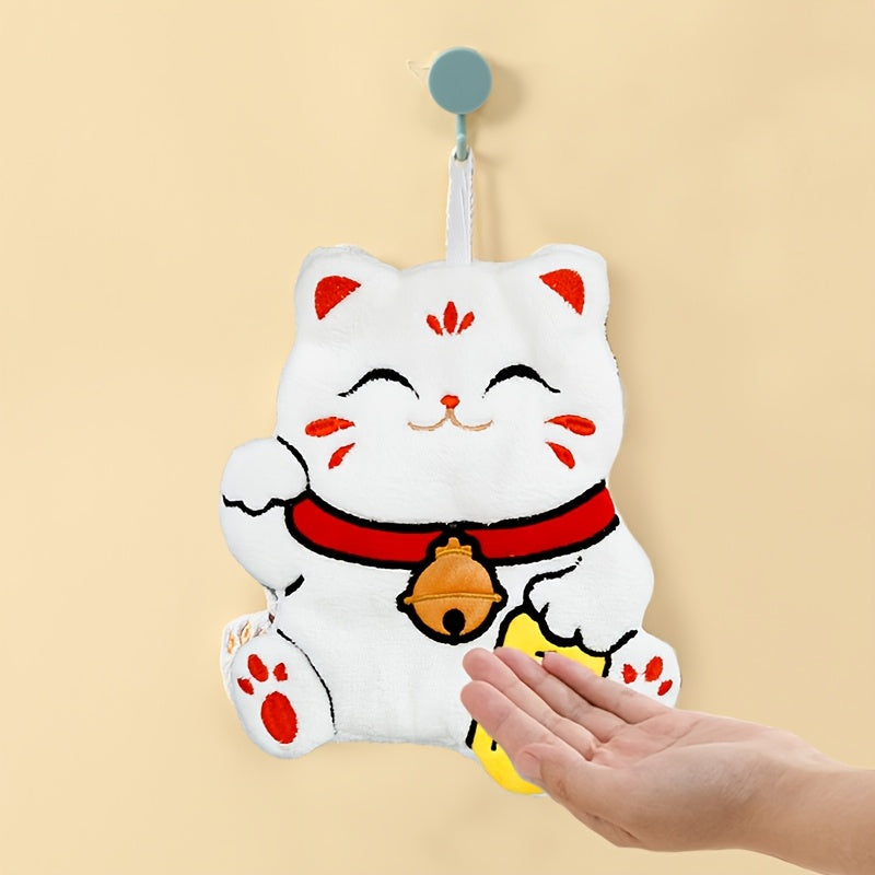 Cute Fortune Cat fingertip towel made of plush coral velvet, ideal for daily use in kitchen or bathroom, with hanging design.