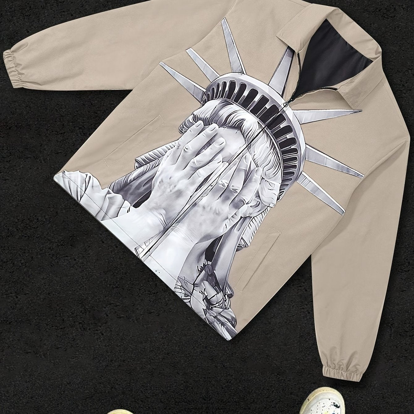 Men's printed hoodie with American style, made of polyester fabric. Featuring long sleeves, collar, zipper closure, and pocket detail. Suitable for spring/autumn, daily, and leisure