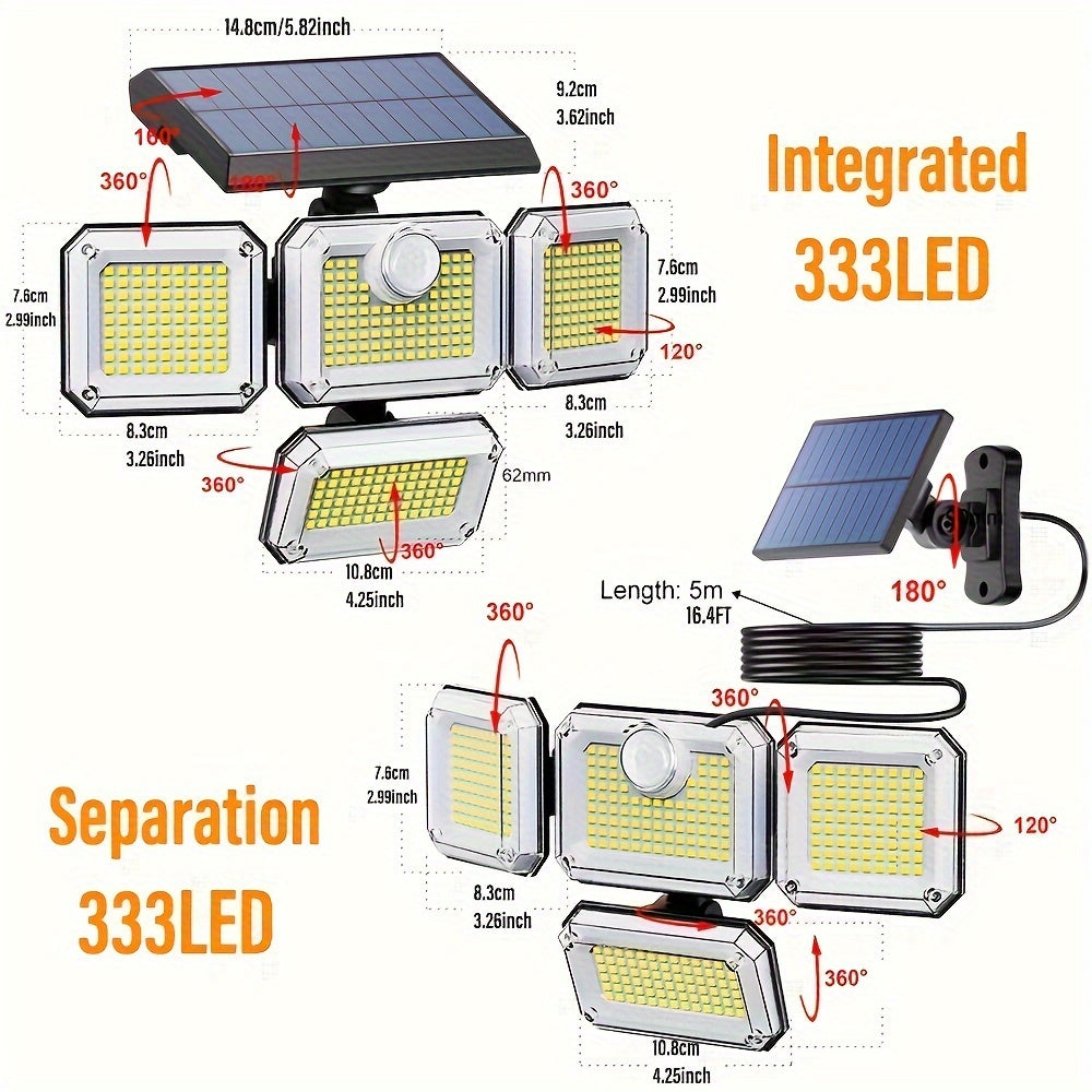 4-head outdoor solar floodlight with motion sensor, remote control, adjustable brightness, rechargeable lithium battery, wall mount, plastic material.