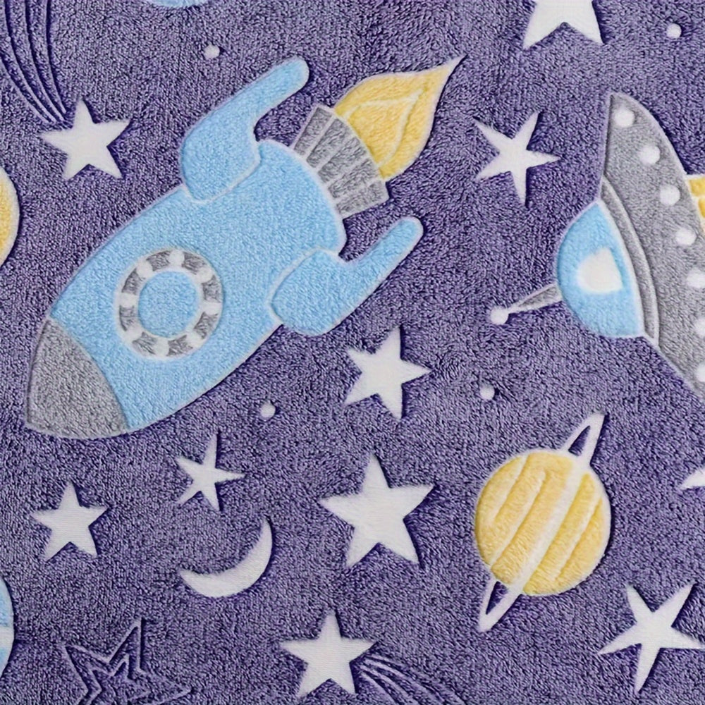 One piece of contemporary style throw blanket featuring glow in the dark space theme. Made of knitted all-season polyester, this bed blanket has active printing with a cartoon rocket and stars pattern. It is soft and can be used as a sofa cover. An ideal