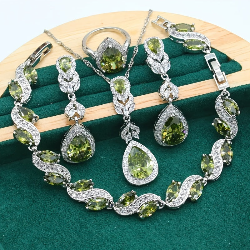 Exquisite 5-Piece Olive Green Zirconia Jewelry Set for Women - Featuring Elegant Synthetic Stones, Platinum Plated Copper with Full Pave Setting - Comes with an Adjustable Ring, Long Earrings, Necklace, and Bracelet - Ideal for Weddings, Banquets, and as