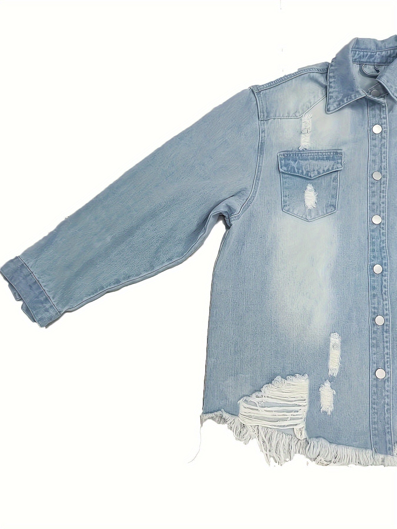 Women's oversized denim jacket with asymmetrical hem, lapel collar, and raw hem detail. Made from non-stretch 100% fabric, suitable for all seasons.