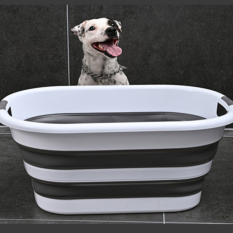 Portable foldable tub for pets with laundry storage, ideal for bathing dogs and organizing toys and clothes at home or during travel.