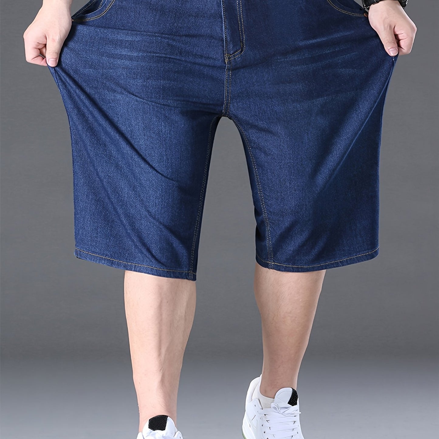 Stylish summer denim shorts for plus-size men in blue.