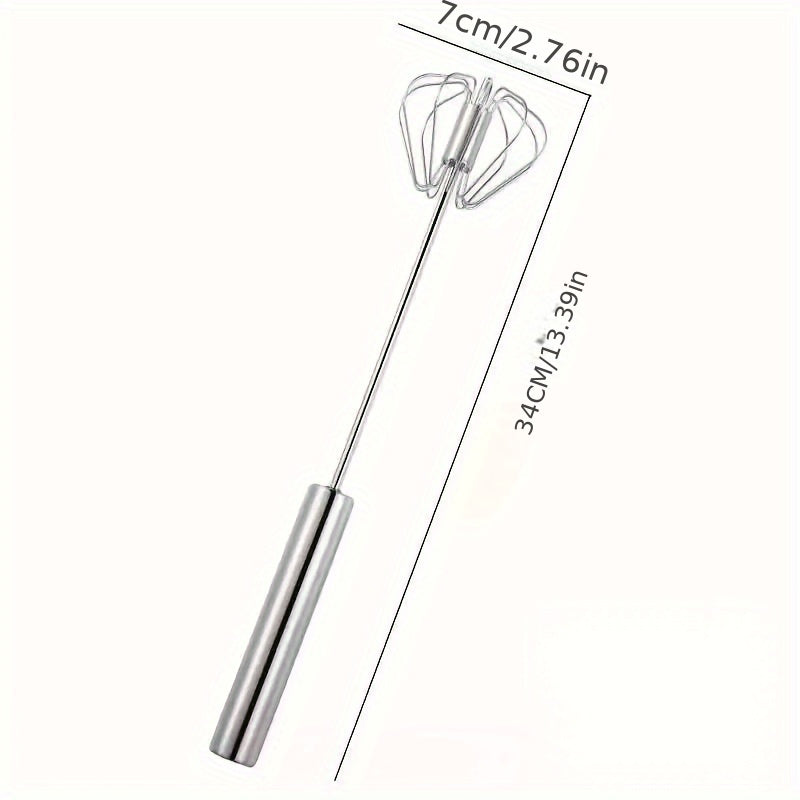 Hand-held stainless steel manual egg beater for baking and cooking, no battery needed.