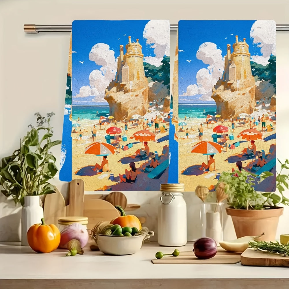 2 pieces of ultra soft kitchen towels, perfect for a day spent at the beach building sandcastles and swimming. These highly absorbent dish hand towels are ideal for holiday decor. Machine washable and measuring 16x24 inches. Item number: 2KYSMF1214209