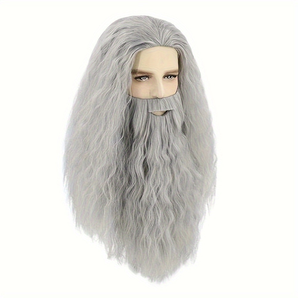 Get into the holiday spirit with our Long Gray and White Wizard Beard and Wig 2-piece set! Perfect for Halloween or Christmas dress-up, this men's wig and beard combo will have you looking like Santa himself. Embrace your inner wizard with this costume