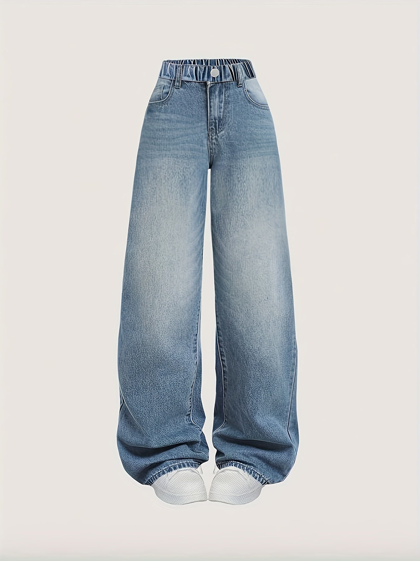 Casual weekend style jeans for teens in solid color, non-stretch denim. Elastic waist, long length, regular fit woven pants made from cotton blend. Suitable for ages 3+.