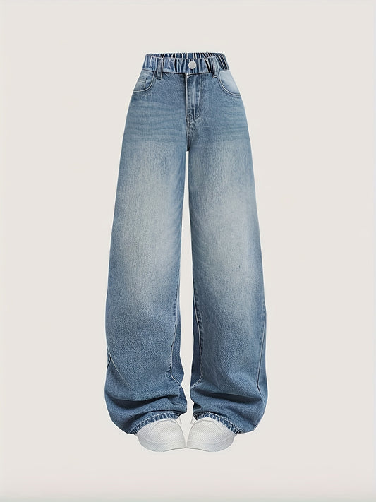 Casual weekend style jeans for teens in solid color, non-stretch denim. Elastic waist, long length, regular fit woven pants made from cotton blend. Suitable for ages 3+.