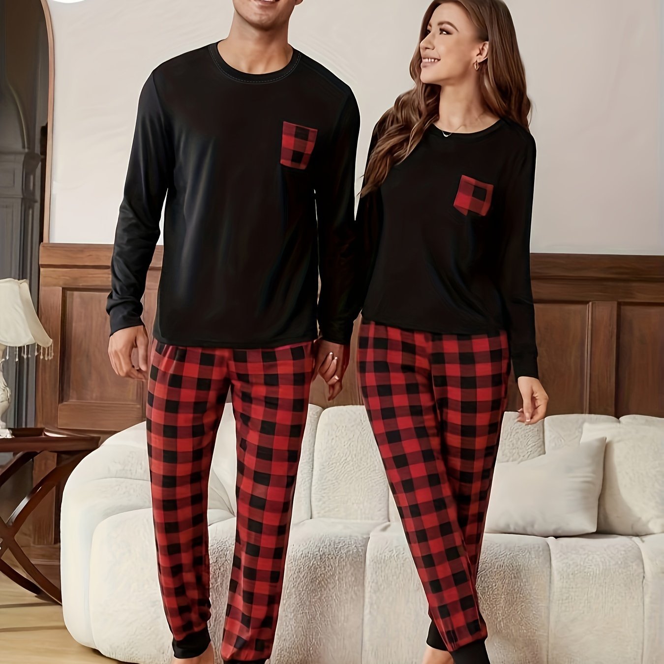 Men's Long Sleeve Plaid Pajama Set in Regular Fit made of Knitted Polyester Fabric with Round Neck, Stretchy, with Pockets for Autumn/Winter