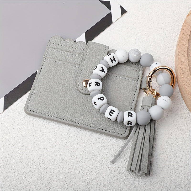 Custom PU Leather Keychain featuring Silicone Beads and Tassel - Add your Name or Initials for a Unique Touch - Great for School, Work, or Special Events