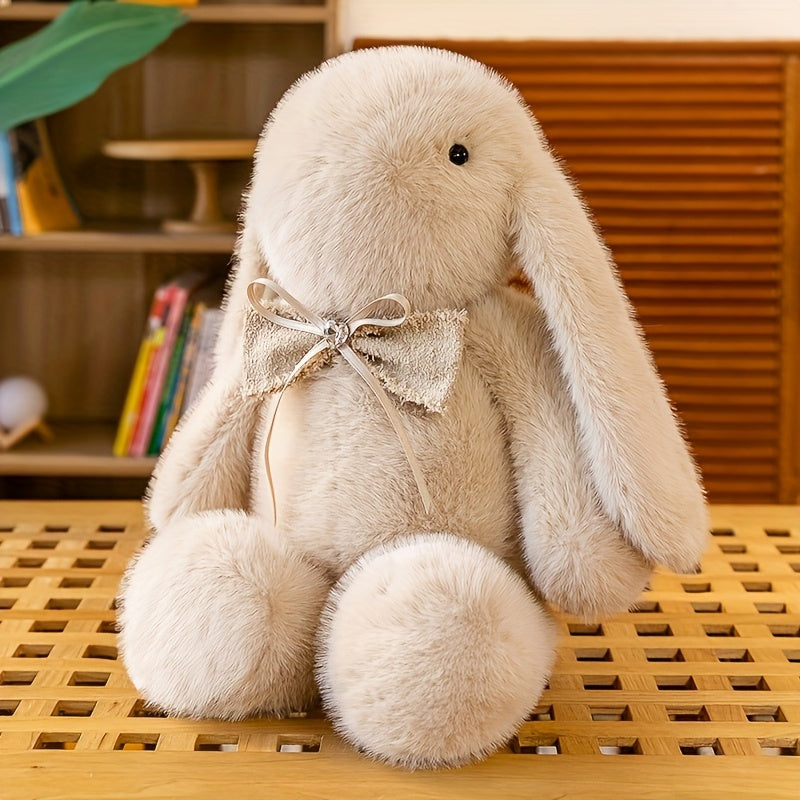 Preppy style unisex bunny plush toy with bow tie, ideal for various occasions, dry clean only, made of 100% polyester.