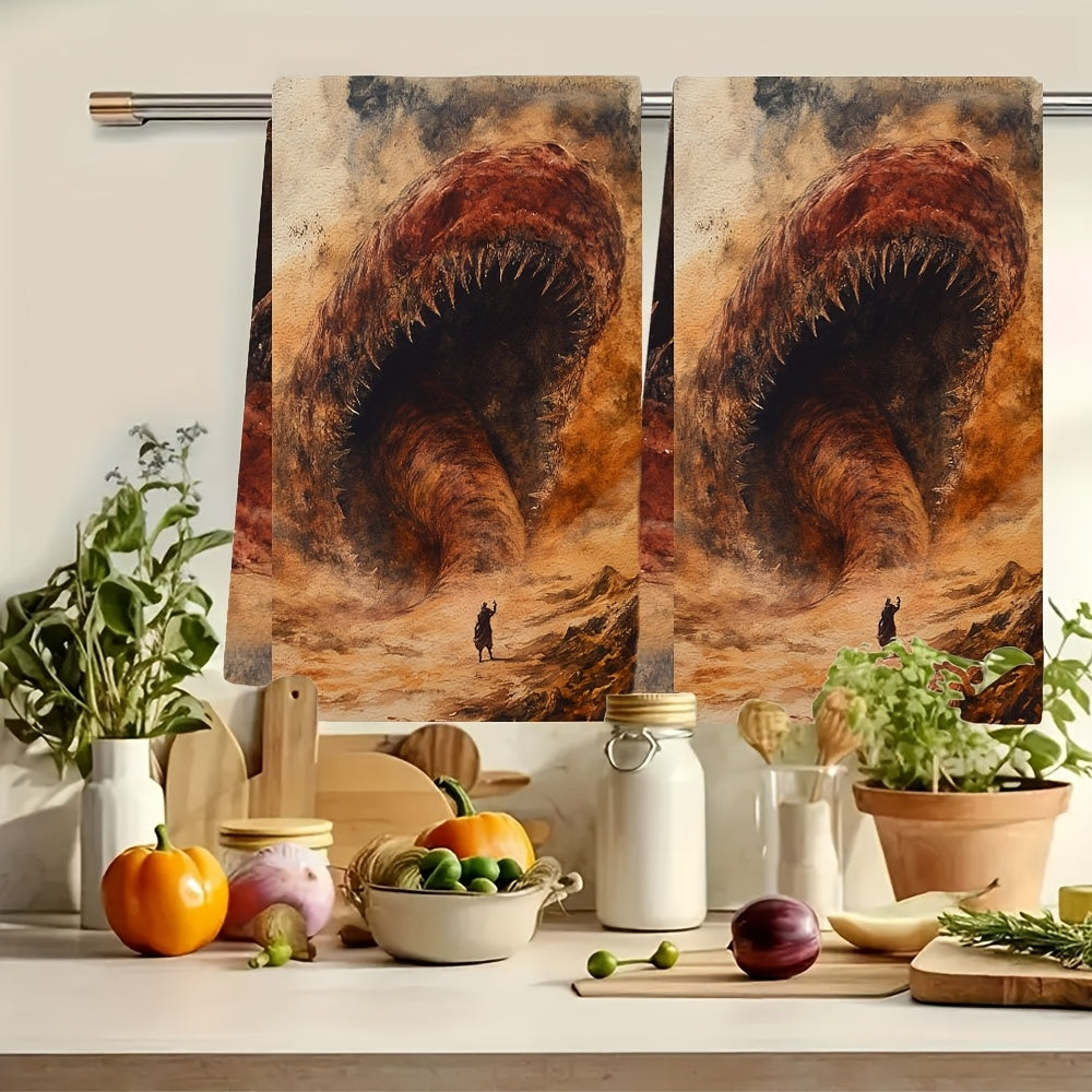 Set of 2 Ultra Soft Kitchen Towels featuring Shai Hulud The Sandworm Design. These highly absorbent and machine washable dish hand towels measure 40.64x60.96 cm. Perfect for holiday decor and everyday use.