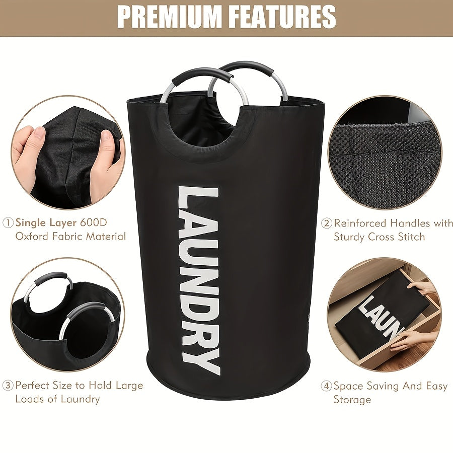 Sturdy and Stylish Black Laundry Hamper with 90L Capacity - Durable, Collapsible, and Waterproof Nylon Basket with Foam-Protected Aluminum Handles for Effortless Clothes Storage in Home or Dormitory Settings. A Practical and Chic Laundry Organizer Made