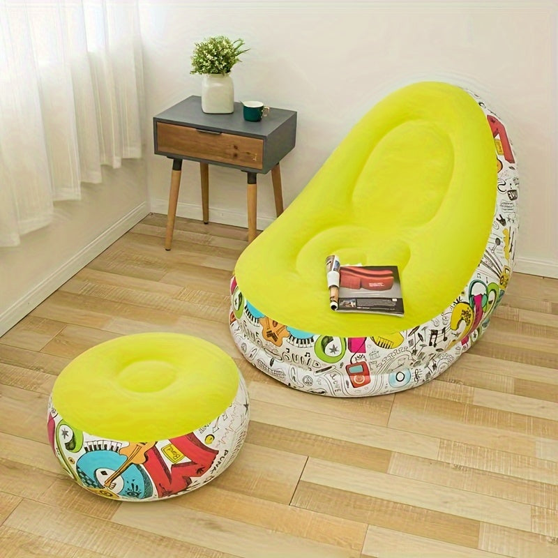 Inflate your style with the Classic Style Inflatable Graffiti Lounge Chair, featuring luxurious velvet upholstery, a footrest, and armless comfort. Perfect for your game room, bedroom, living room, or library, this upholstered armless accent seat bundle