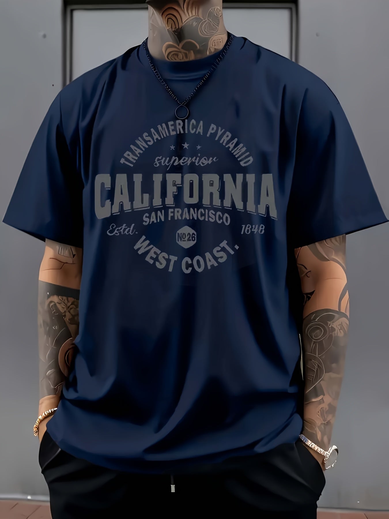 Men's casual crew neck t-shirt with California graphic, 3D digital print, made of polyester knit fabric with slight stretch for regular fit. Suitable for all-season daily and casual wear.