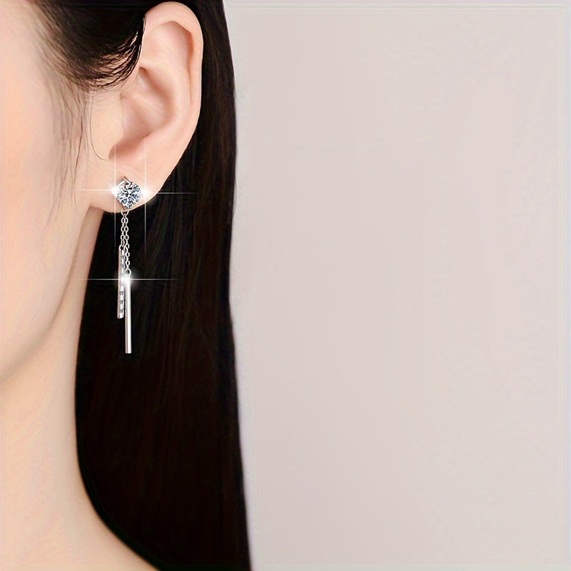 Women's tassel earrings with long ear wire, featuring 1ct*2pcs moissanite stones, made of 925 sterling silver. These stylish Japanese and Korean inspired earrings are perfect for Valentine's Day or Mother's Day gifting.