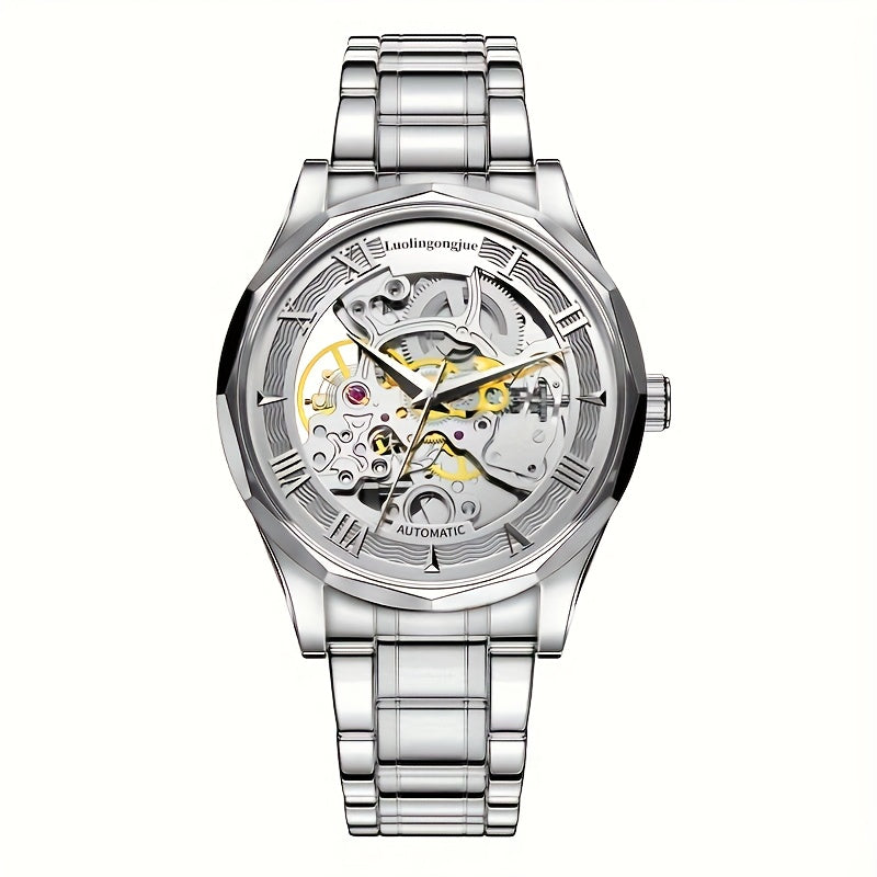 Luxury Men's Mechanical Watch with Stainless Steel Strap, Hollow Dial, and Automatic Self-Winding. Casual Style with Uncharged Power Mode; No Battery Required.