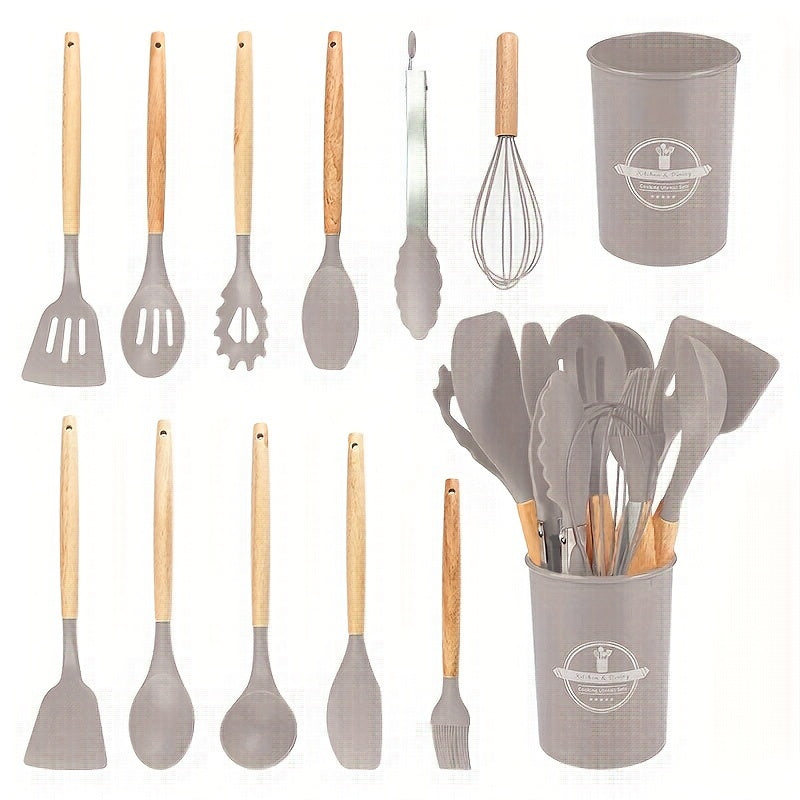 Set of 12 pieces of silicone tableware, including kitchen utensils and cookware for safety. This set features wooden handles on the non-stick cookware for easy use and cleaning. Modern and washable kitchen supplies, including small tools and essentials.