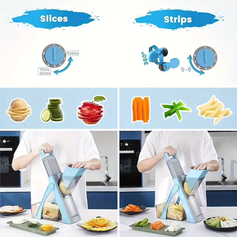 Vegetable slicer with stainless steel blades, ABS food chopper and dicer, large capacity mandoline cutter for fruits and vegetables, no electricity required.