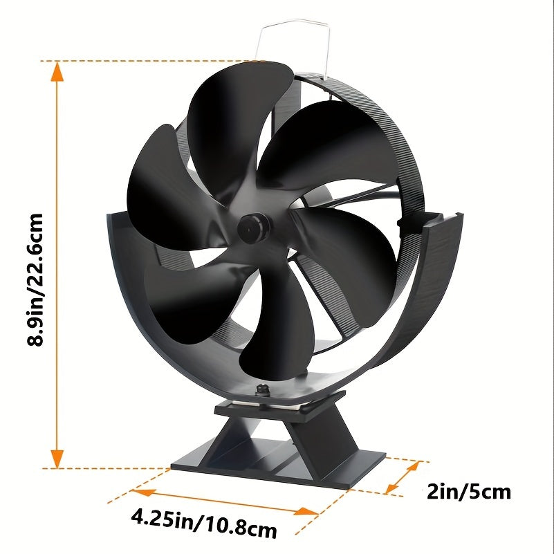 Introducing the EFGHONG Heat Powered Wood Stove Fan - a 6 blade aluminum table fan designed for efficient air circulation. This portable, no-electricity accessory features a brushed finish and multiple components for easy use with your fireplace.