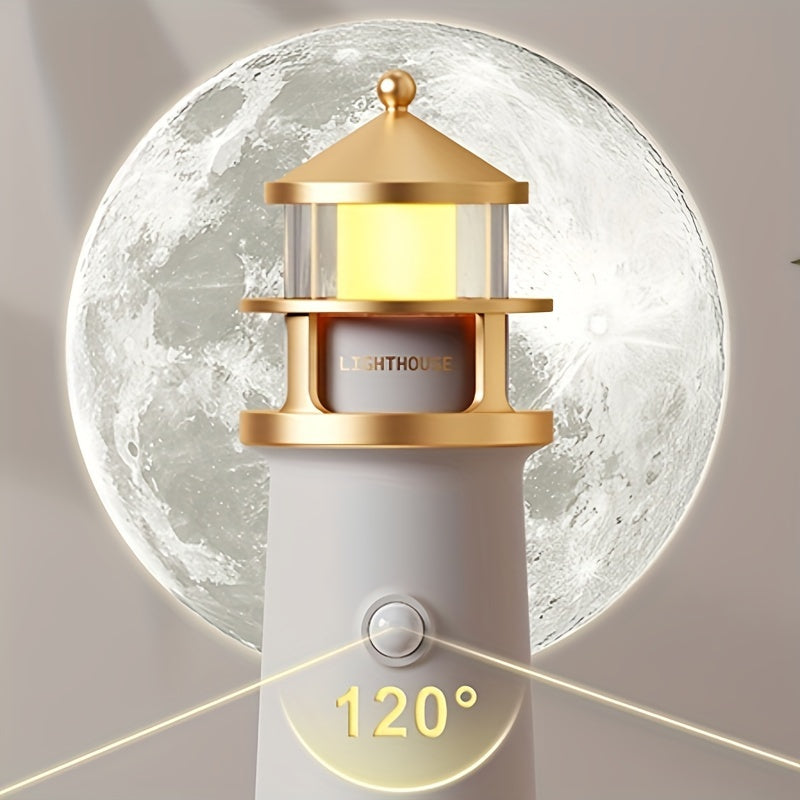 Lighthouse night light with moon projection, body sensing switch, long-brightness function, versatile for various settings, and comes in sealed packaging for a more elegant presentation.