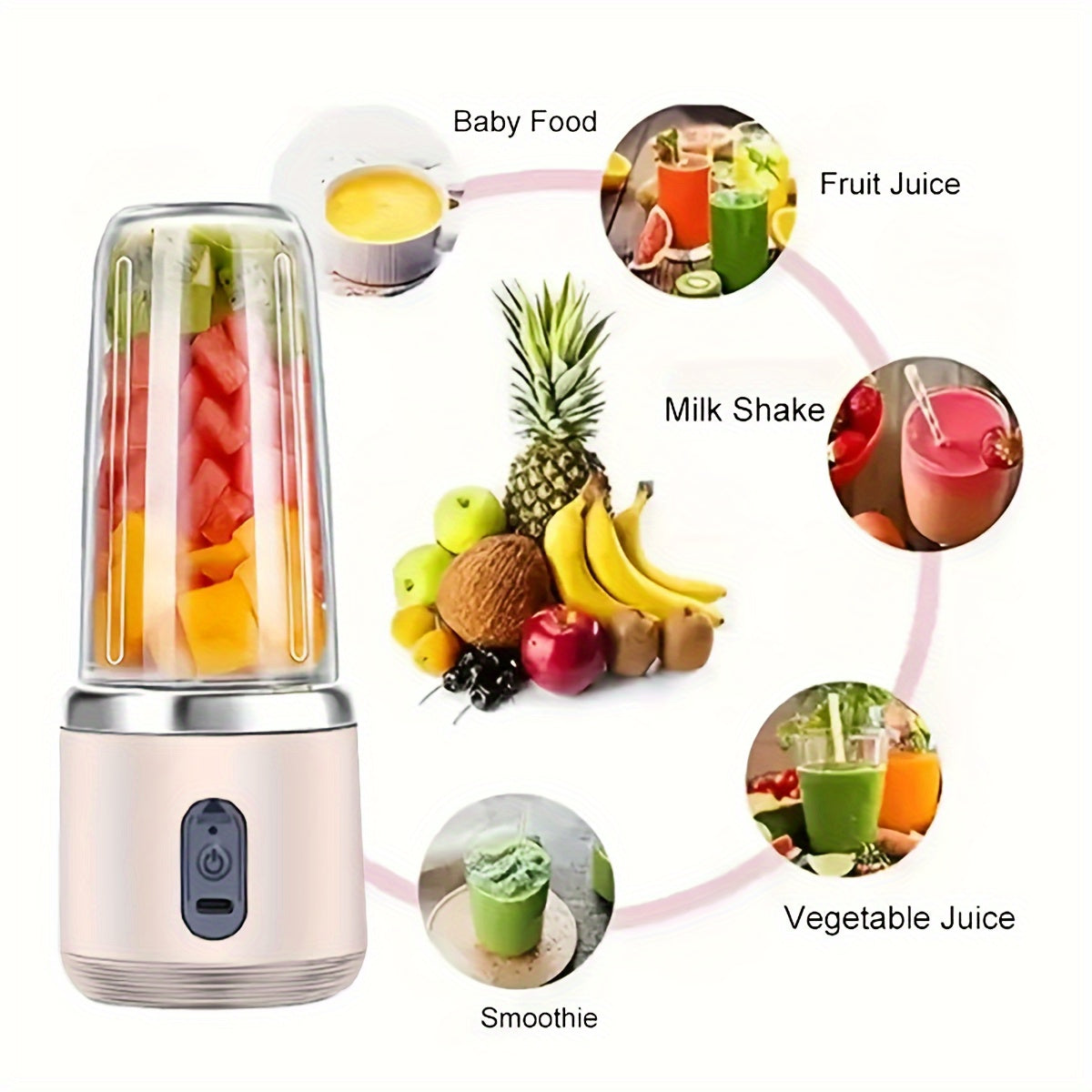 Compact USB rechargeable portable juicer cup in sleek pink and blue with safety lock, perfect for making smoothies and fresh juice on the go. Includes juice container, great for both home and travel.