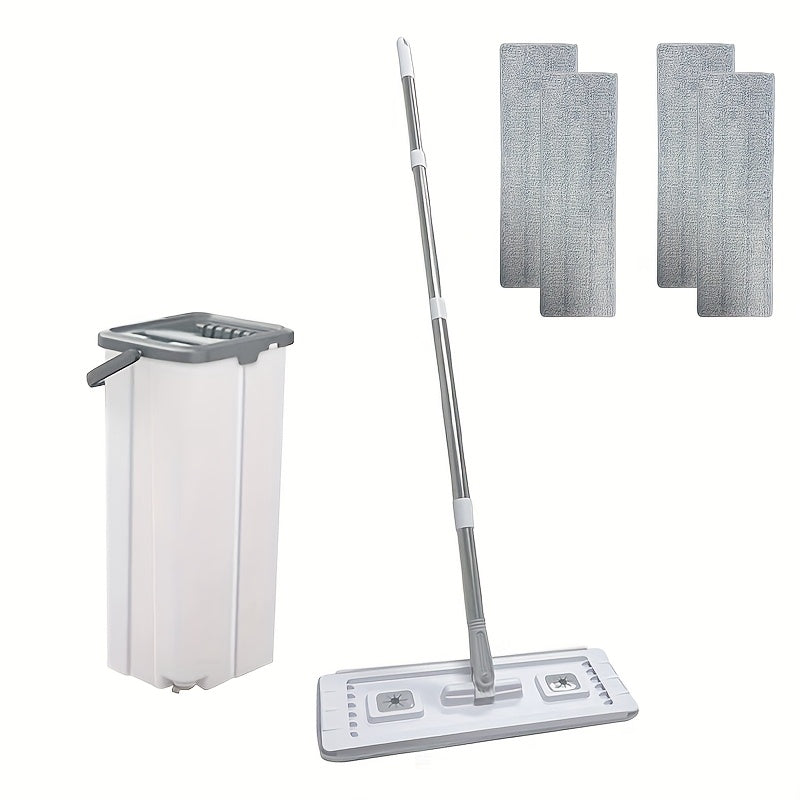 This set includes a mop and bucket with a squeegee, featuring a hands-free flat floor mop and bucket. It comes with 4/2 washable microfiber pads and is suitable for both wet and dry use. The design is tailored for a floor cleaning system that seamlessly