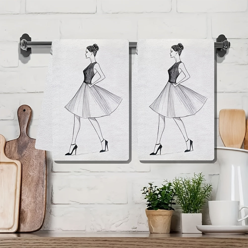 Two pieces of ultra soft kitchen towels featuring an elegant woman line art design. These highly absorbent and quick-dry dish hand towels are machine washable and have a contemporary style. With dimensions of 40.64x60.96 cm, they are perfect for holiday