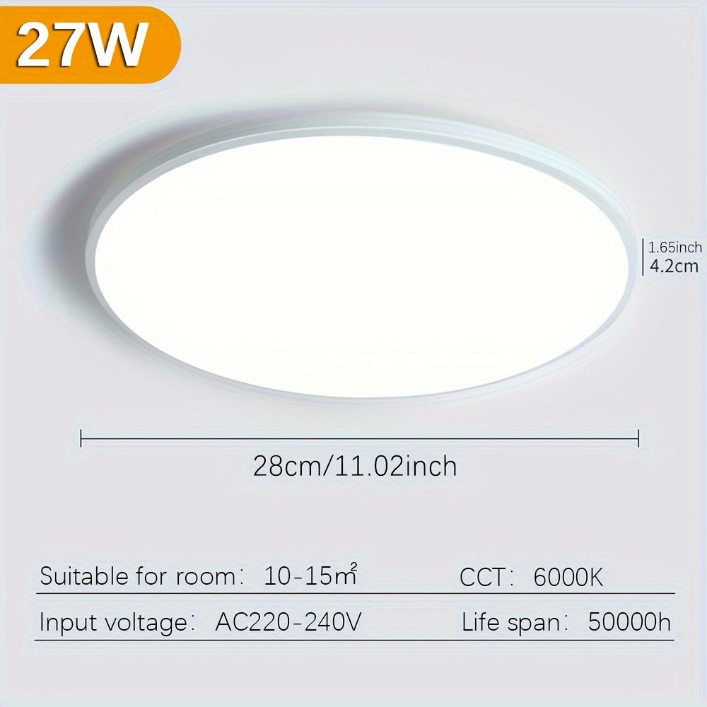 LED Ceiling Light available in 18W, 27W, and 36W sizes, modern design, suitable for bedroom, living room, bathroom, and balcony, comes in slim multicolor options.