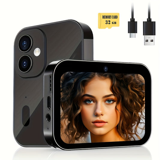 Compact 4K 64MP digital camera with autofocus, triple lens, 7.62cm touch screen, USB charging, hybrid autofocus, and rechargeable lithium battery - perfect for travel and everyday