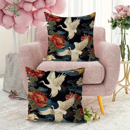 Elevate your home décor with this 2-pack of modern floral and cranes design short plush pillow covers, measuring 45.72x45.72 cm each. These zippered cushion cases are made from machine washable flannel fabric, perfect for all seasons. Add a touch of