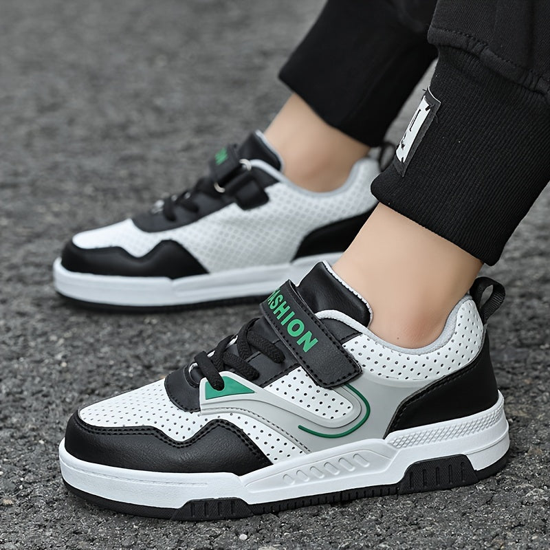 Youngsters' Low-Top Sneakers with Hook-and-Loop Closure, Breathable Perforated Toe Box, Black/White/Green Colorway, TPR Sole for Grip & Durability, Soft Fabric Lining, Ideal for Running &