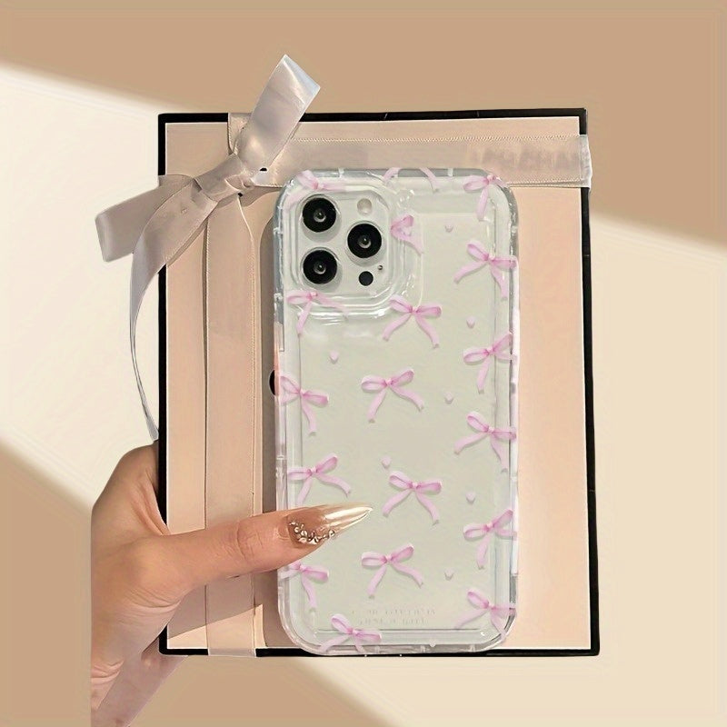 Pink Small Bow Transparent Anti-Fall Mobile Phone Case for Apple iPhones, suitable for SE to 16 Pro Max series. Perfect for gifting.