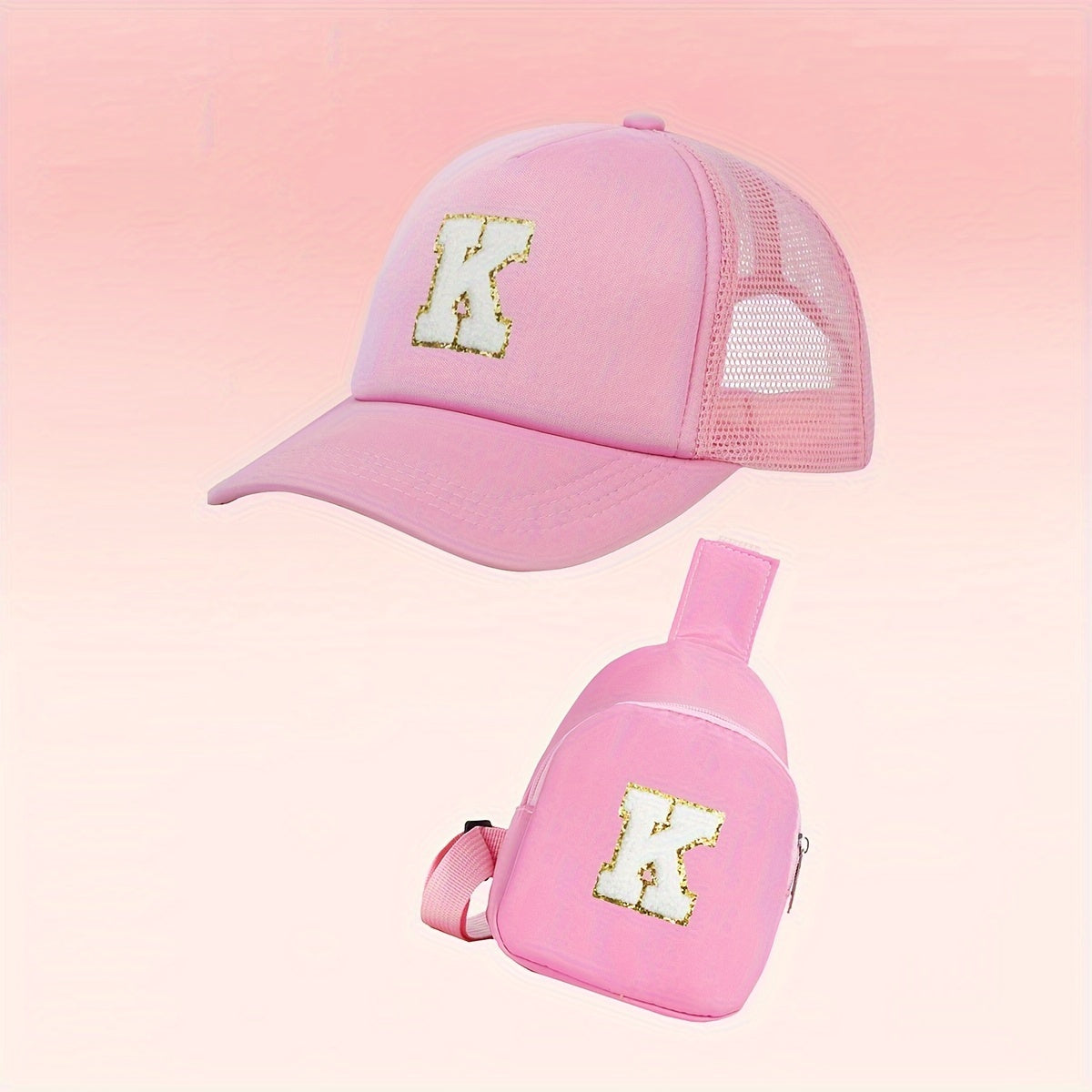 Alphabet-themed 2-piece set for girls includes a polyester baseball cap and bag, suitable for ages 3-14. Features a fitted, breathable design ideal for daily wear and special occasions