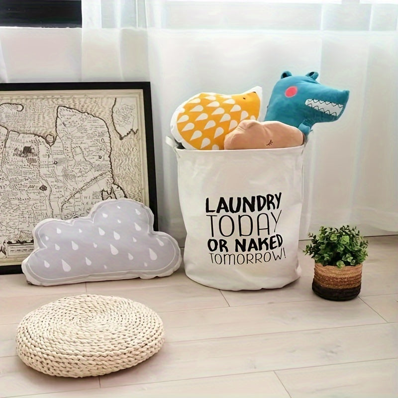 Contemporary Foldable Fabric Laundry Basket with Waterproof Lining, Features "LAUNDRY TODAY OR NAKED TOMORROW!" Slogan, Ideal for Organizing Dirty Clothes in the Laundry Room, Includes Multiple Components