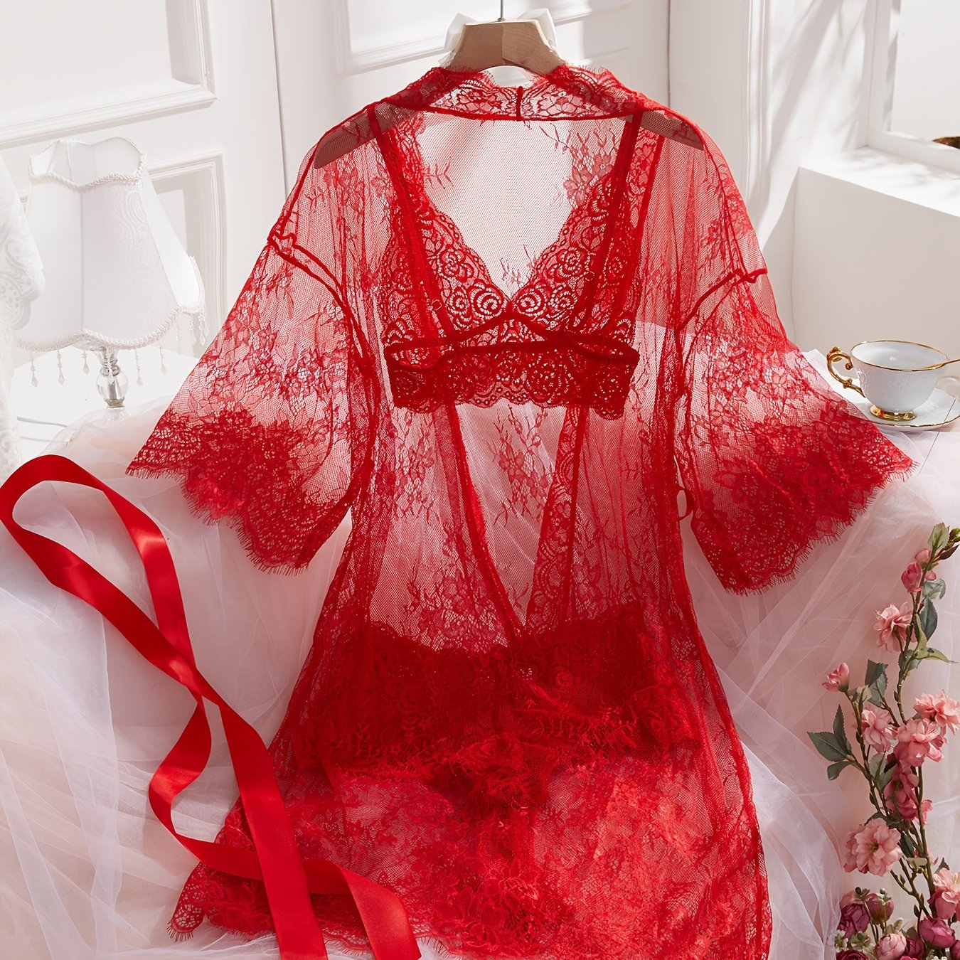 Sheer lace deep V sleepwear for women.