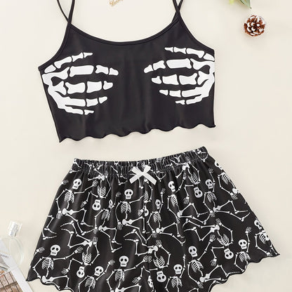 Skull palm print garter top with matching skull print shorts pajama set.