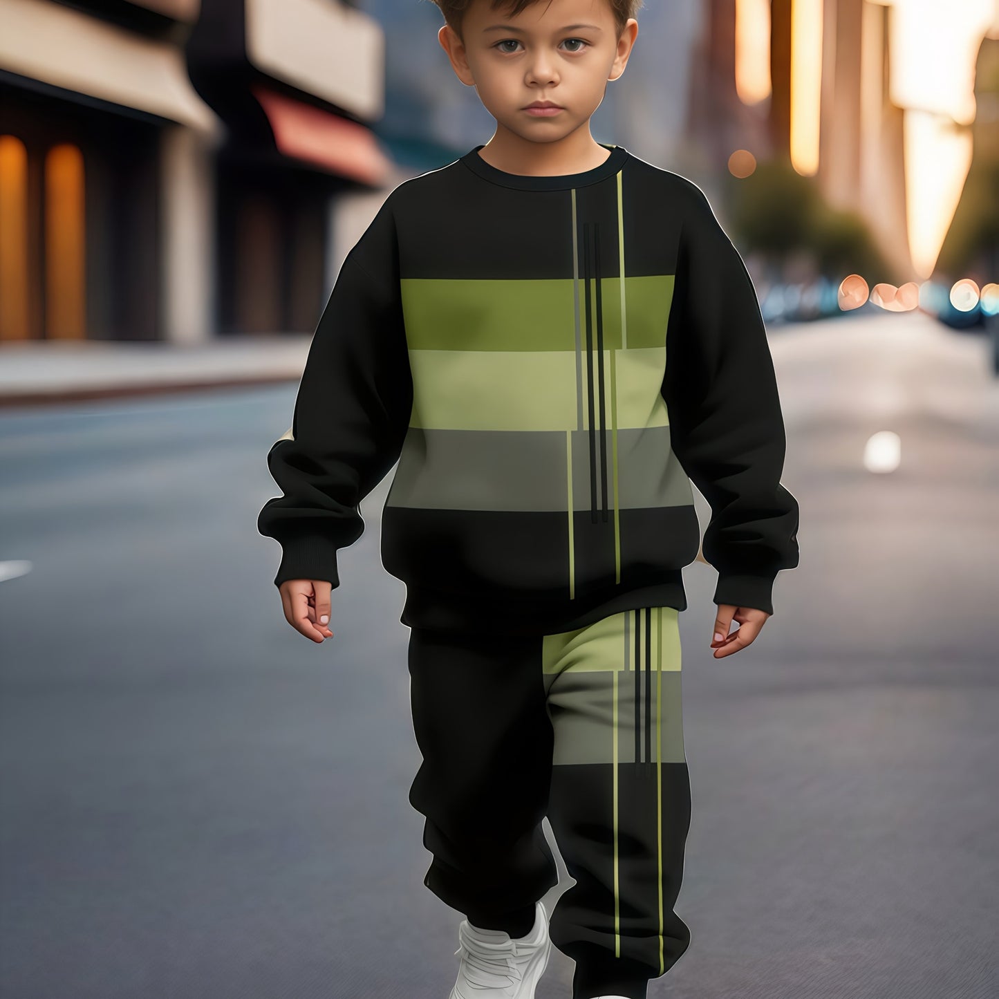 Boys' 2-piece sports suit with striped sweatshirt and joggers. Comfortable fabric, ribbed hem, perfect for outdoor activities in spring and autumn.